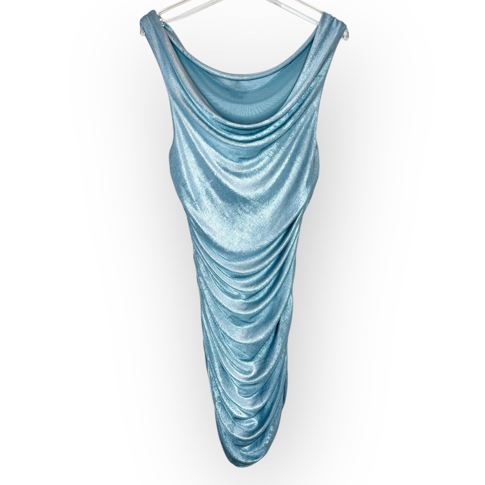 Alice + Olivia Vintage Shimmering Metallic Silver Blue Cowl Neck Dress Size M